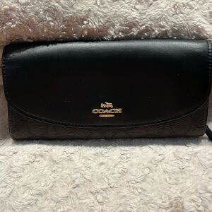 Coach Wallet, Black Leather with blk & brown coated canvas